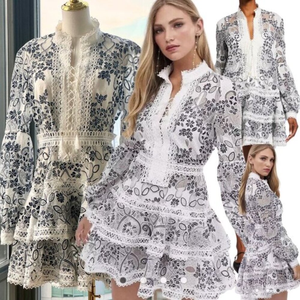 🆕 BRONX & BANCO 🧿 NWOT Santorini Long-Sleeve Tiered Burnout Dress, Sz S US 4